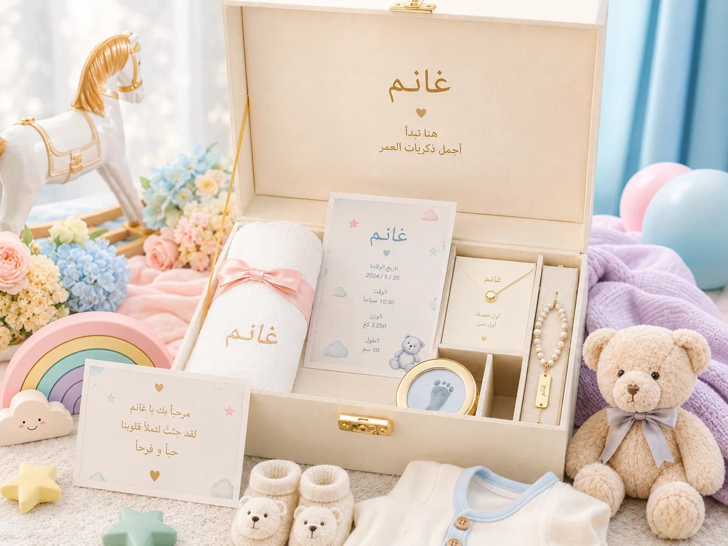 صندوق ذكريات مخصص للبيبي مع بطاقة الميلاد وتذكاراته